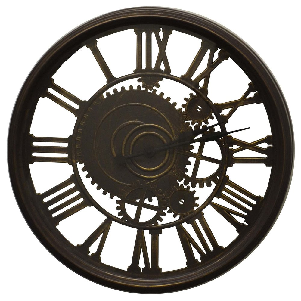 20" Antiqued Gold And Brown Heavy Duty Plastic Silent Skeleton Distressed Exposed Gear Round Wall Clock — view 4