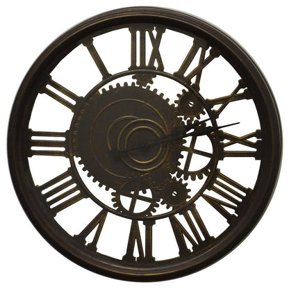 20" Antiqued Gold And Brown Heavy Duty Plastic Silent Skeleton Distressed Exposed Gear Round Wall Clock HomeRoots