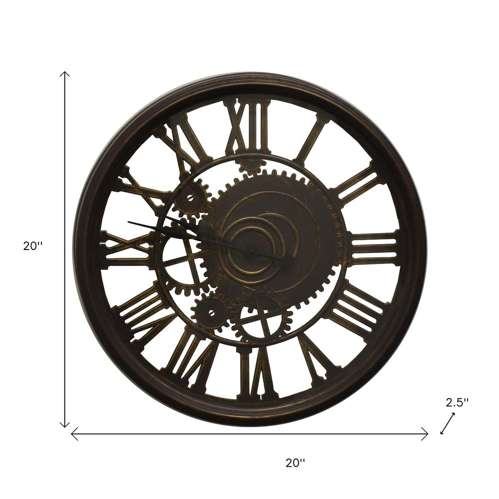20" Antiqued Gold And Brown Heavy Duty Plastic Silent Skeleton Distressed Exposed Gear Round Wall Clock HomeRoots