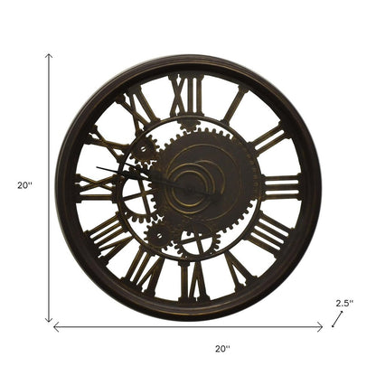 20" Antiqued Gold And Brown Heavy Duty Plastic Silent Skeleton Distressed Exposed Gear Round Wall Clock HomeRoots