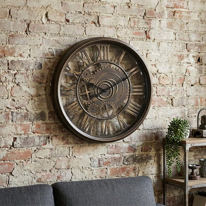 20" Antiqued Gold And Brown Heavy Duty Plastic Silent Skeleton Distressed Exposed Gear Round Wall Clock