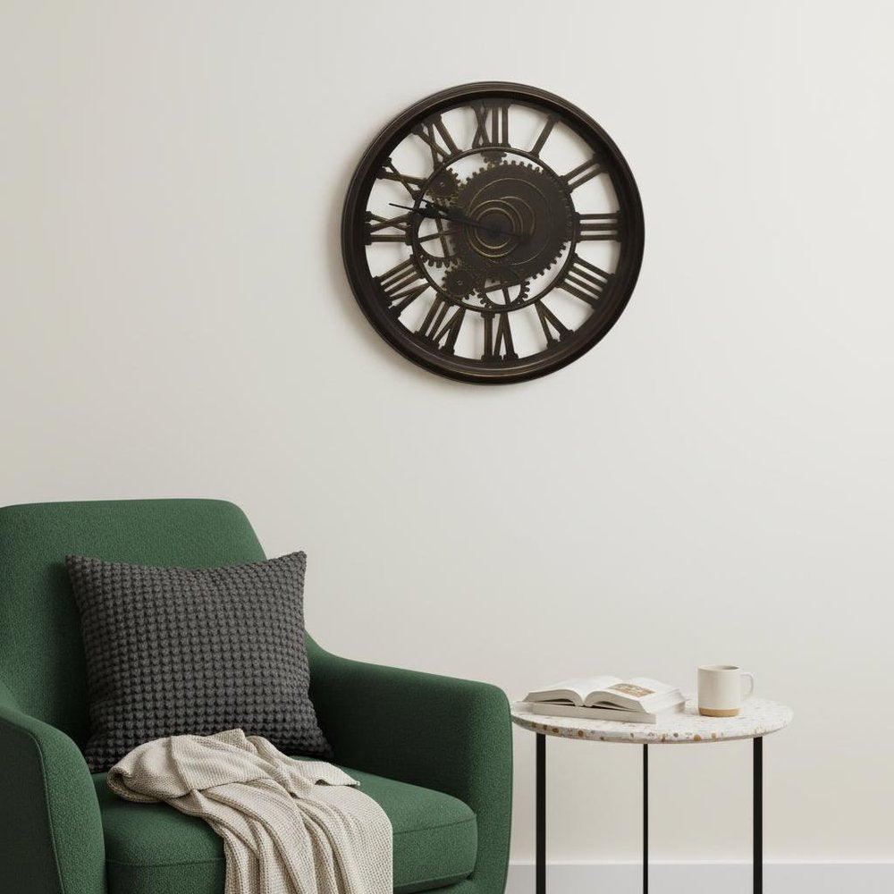20" Antiqued Gold And Brown Heavy Duty Plastic Silent Skeleton Distressed Exposed Gear Round Wall Clock HomeRoots