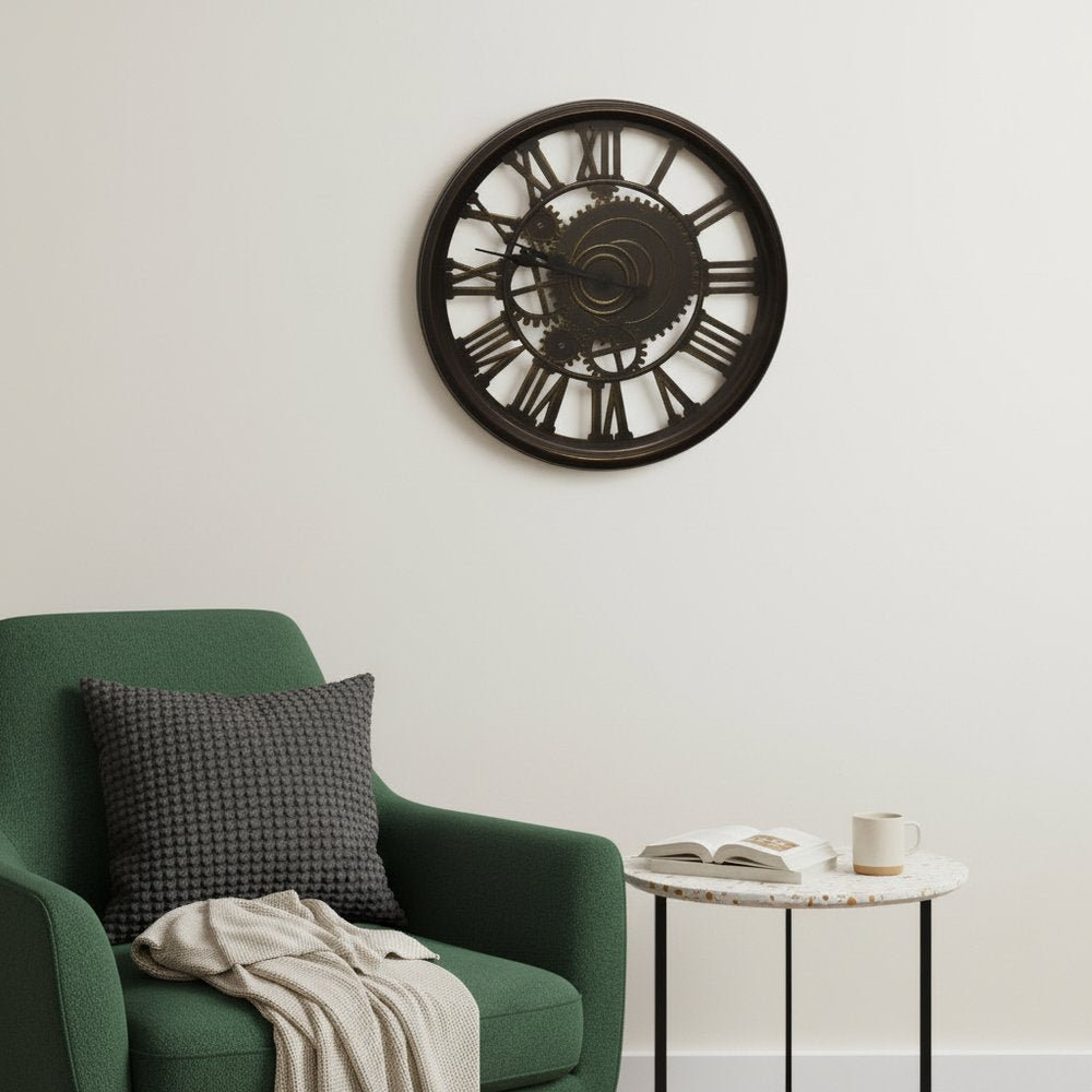 20" Antiqued Gold And Brown Heavy Duty Plastic Silent Skeleton Distressed Exposed Gear Round Wall Clock HomeRoots