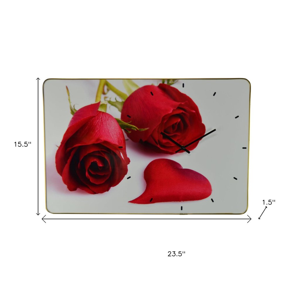 24" Red White And Gold Solid Wood and Acrylic Silent Roses Floral Wall Clock HomeRoots