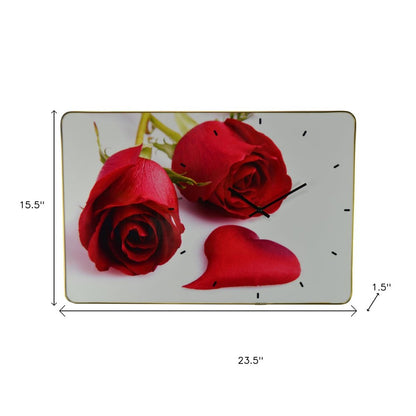 24" Red White And Gold Solid Wood and Acrylic Silent Roses Floral Wall Clock HomeRoots