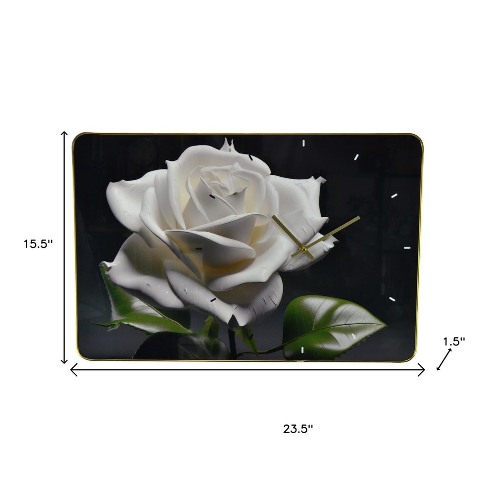 24" White Black And Green Solid Wood and Acrylic Silent Roses Floral Wall Clock HomeRoots