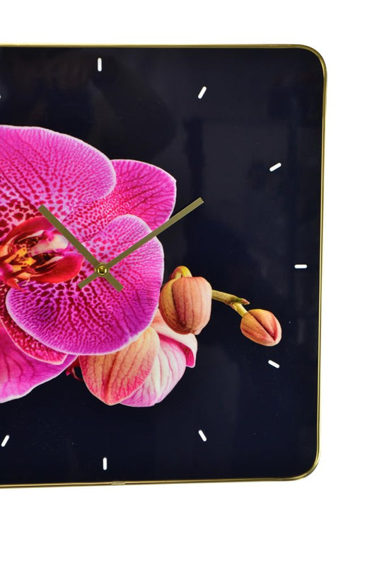 24" Pink Black And Gold Solid Wood and Acrylic Silent Orchids Floral Wall Clock HomeRoots