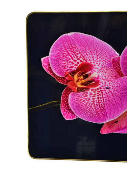 24" Pink Black And Gold Solid Wood and Acrylic Silent Orchids Floral Wall Clock HomeRoots