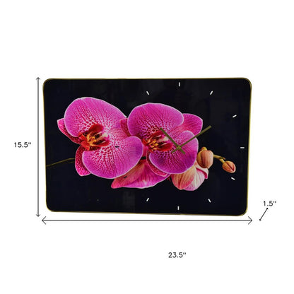 24" Pink Black And Gold Solid Wood and Acrylic Silent Orchids Floral Wall Clock HomeRoots