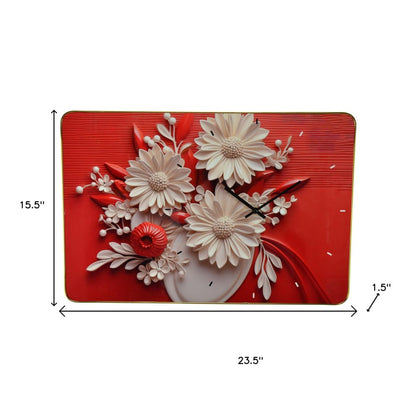 24" White Red And Black Solid Wood and Acrylic Silent Analog Floral Wall Clock HomeRoots