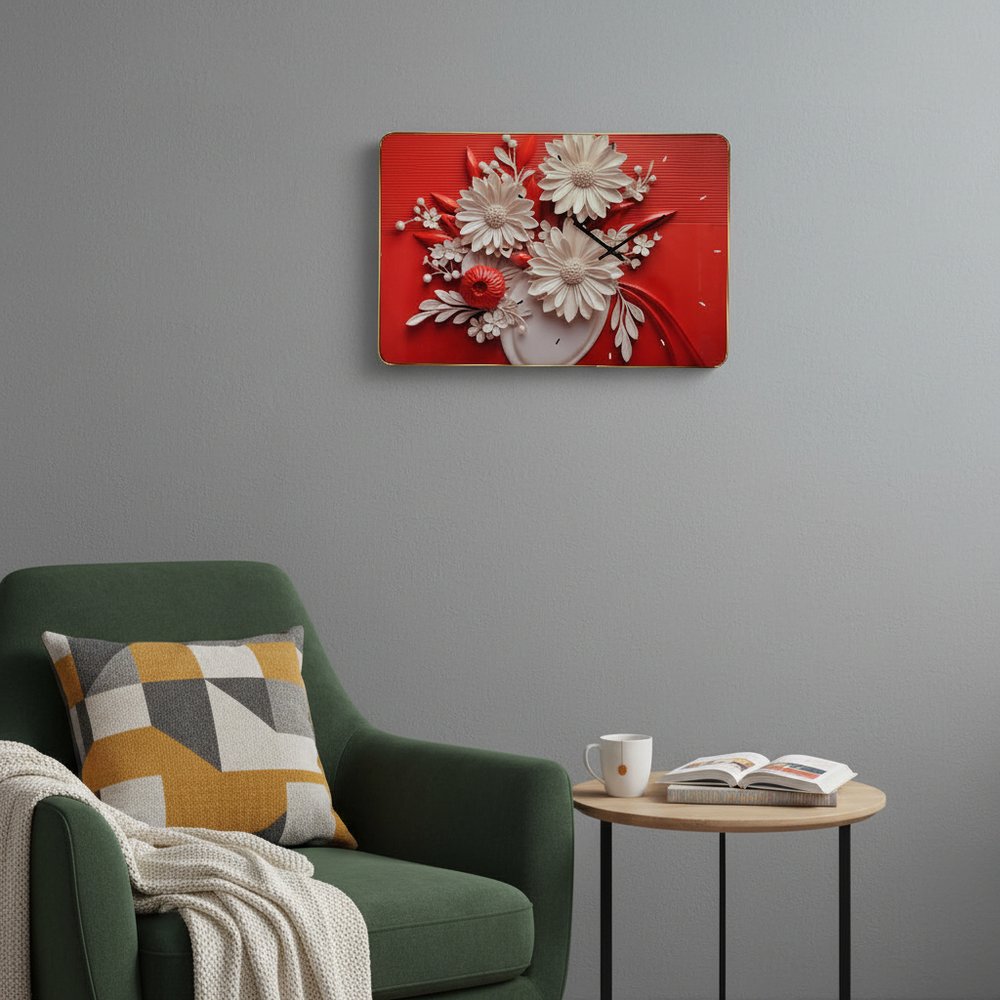 24" White Red And Black Solid Wood and Acrylic Silent Analog Floral Wall Clock HomeRoots
