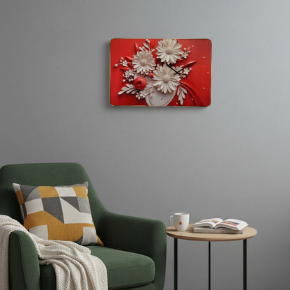 24" White Red And Black Solid Wood and Acrylic Silent Analog Floral Wall Clock HomeRoots