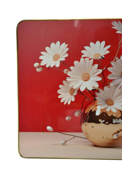 24" Gold Red And White Solid Wood and Acrylic Silent Daisies Floral Wall Clock HomeRoots