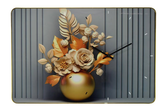 24" Beige Gold And Gray Solid Wood and Acrylic Silent Analog Floral Wall Clock HomeRoots