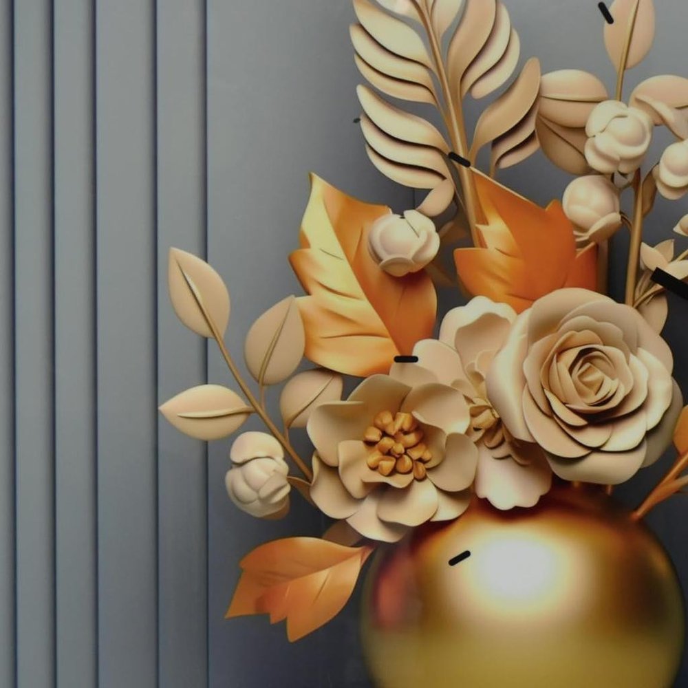 24" Beige Gold And Gray Solid Wood and Acrylic Silent Analog Floral Wall Clock — view 4