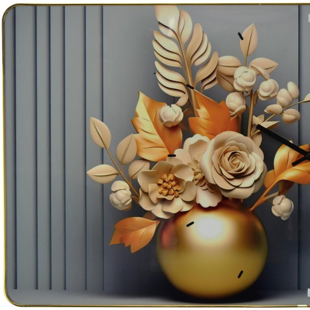 24" Beige Gold And Gray Solid Wood and Acrylic Silent Analog Floral Wall Clock HomeRoots