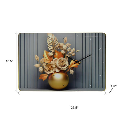 24" Beige Gold And Gray Solid Wood and Acrylic Silent Analog Floral Wall Clock HomeRoots