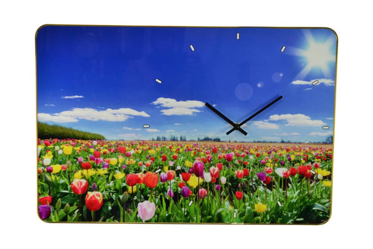 24" Blue Red And Gold Solid Wood and Acrylic Silent Tulips Floral Wall Clock HomeRoots
