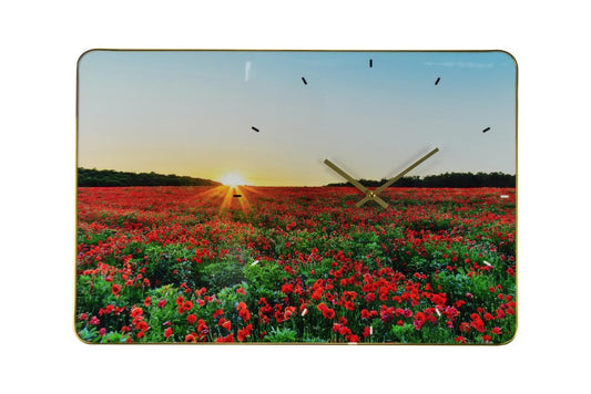 24" Red Blue And Gold Solid Wood and Acrylic Silent Poppies Floral Wall Clock HomeRoots
