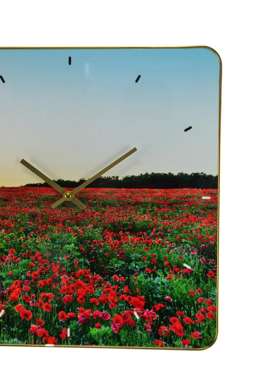 24" Red Blue And Gold Solid Wood and Acrylic Silent Poppies Floral Wall Clock HomeRoots