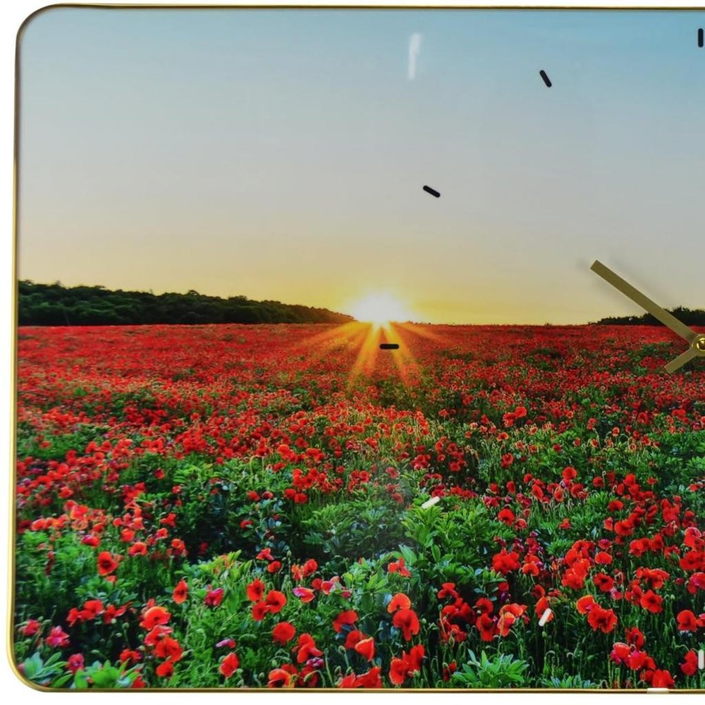 24" Red Blue And Gold Solid Wood and Acrylic Silent Poppies Floral Wall Clock HomeRoots