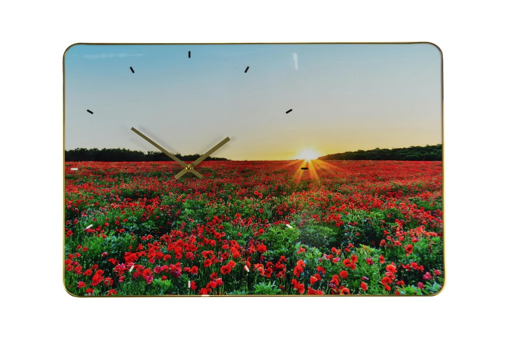 24" Red Blue And Gold Solid Wood and Acrylic Silent Poppies Floral Wall Clock HomeRoots