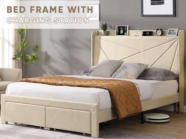 Full Size Bed Frame with 2 Storage Drawers Upholstered Bed Frame Beige - FurniFindUSA