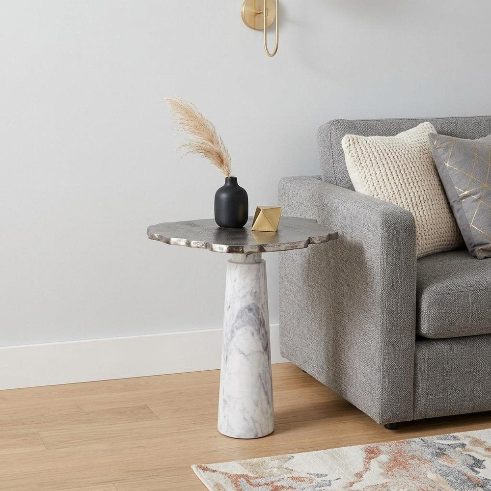 22" Silver and White Aluminum and Marble Pedestal End Table HomeRoots