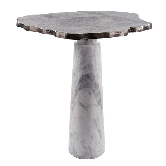 22" Silver and White Aluminum and Marble Pedestal End Table HomeRoots