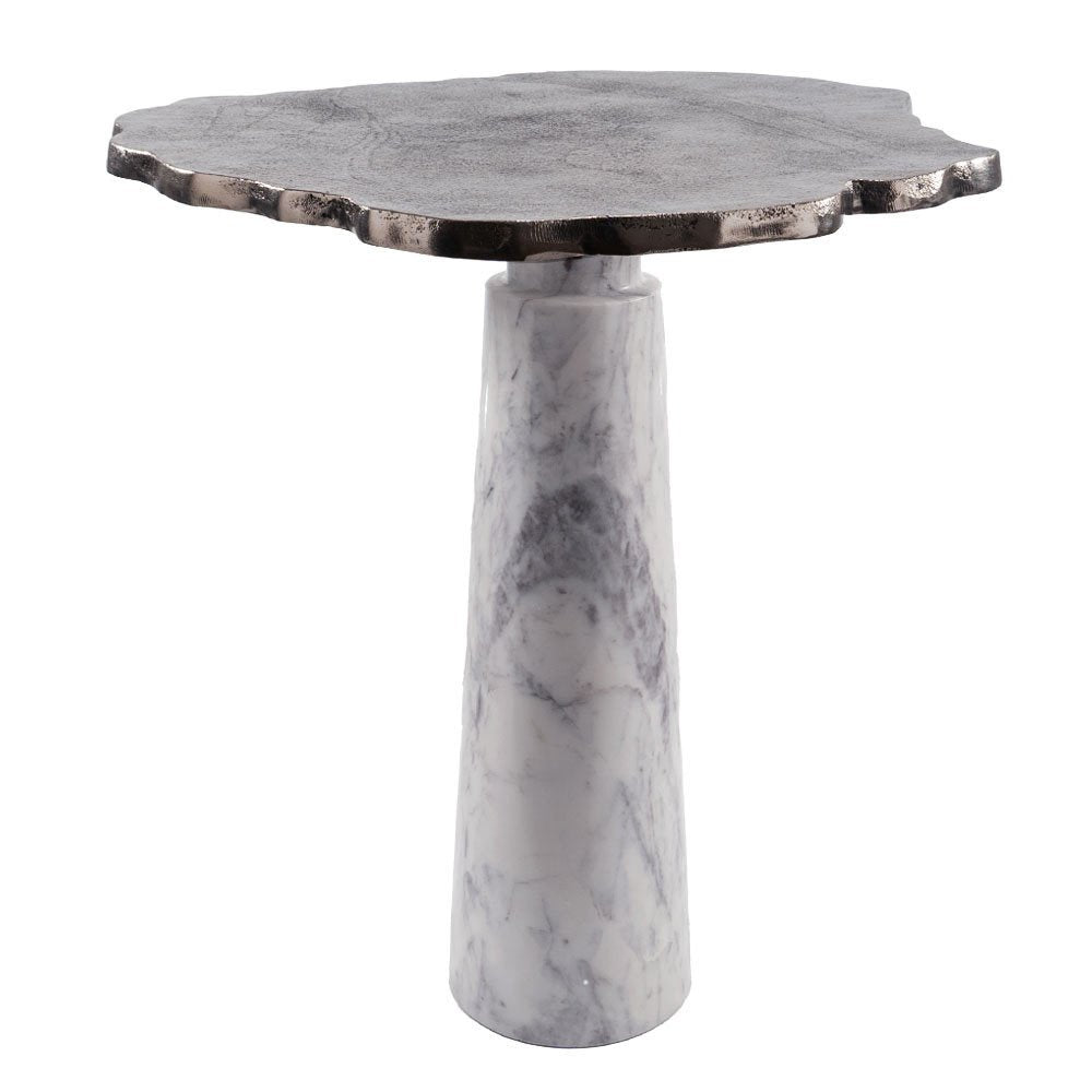 22" Silver and White Aluminum and Marble Pedestal End Table HomeRoots