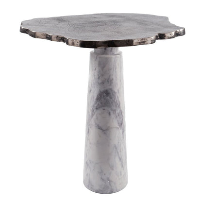 22" Silver and White Aluminum and Marble Pedestal End Table HomeRoots