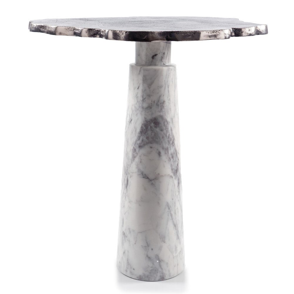 22" Silver and White Aluminum and Marble Pedestal End Table HomeRoots
