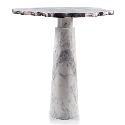 22" Silver and White Aluminum and Marble Pedestal End Table HomeRoots