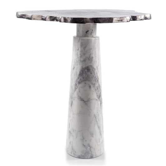 22" Silver and White Aluminum and Marble Pedestal End Table HomeRoots