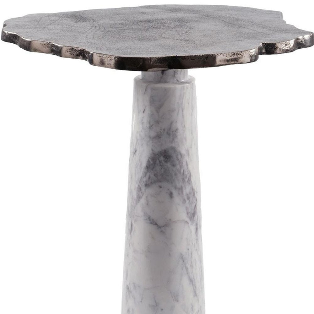 22" Silver and White Aluminum and Marble Pedestal End Table HomeRoots