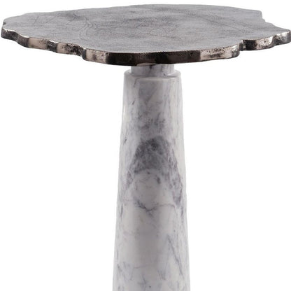 22" Silver and White Aluminum and Marble Pedestal End Table HomeRoots