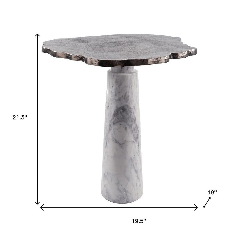 22" Silver and White Aluminum and Marble Pedestal End Table HomeRoots