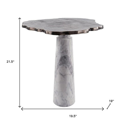 22" Silver and White Aluminum and Marble Pedestal End Table HomeRoots