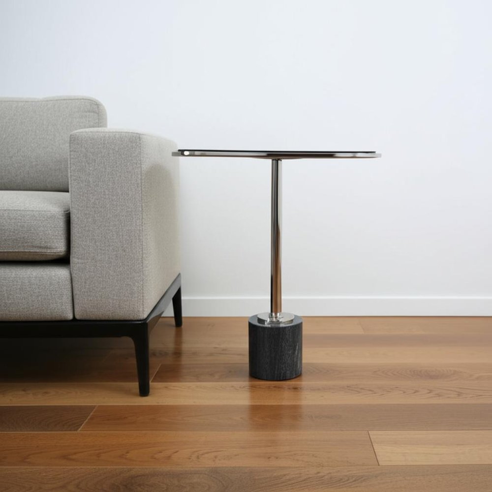 22" Smoky Black and Silver Aluminum Glass and Marble Pedestal End Table HomeRoots
