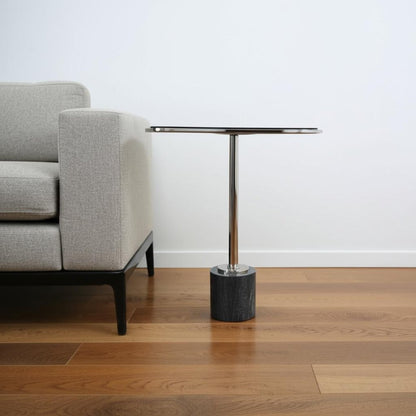 22" Smoky Black and Silver Aluminum Glass and Marble Pedestal End Table HomeRoots