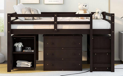 Low Study Full Loft Bed with Cabinet Shelves and Rolling Portable Desk Multiple Functions Bed- Espresso - FurniFindUSA