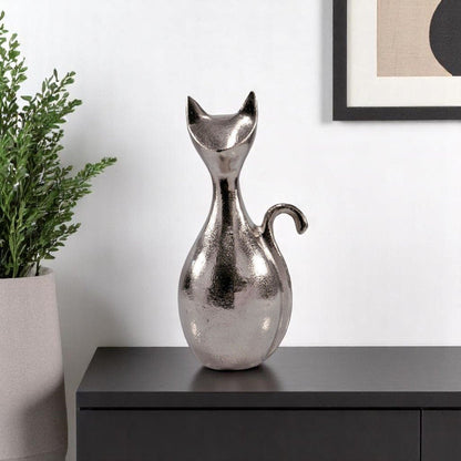 11" Silver Aluminum Cat Tabletop Sculpture HomeRoots