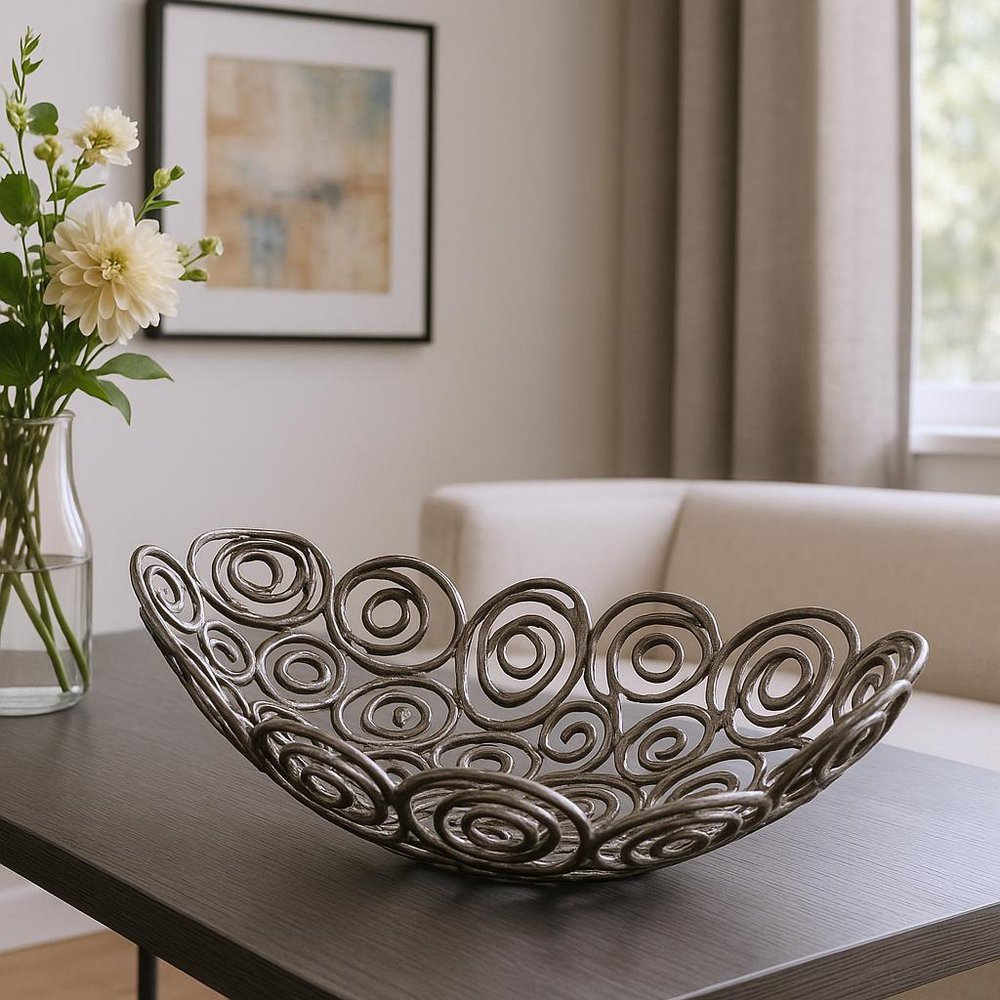 20" Silver Aluminum Abstract Circles Oval Decorative Bowl HomeRoots