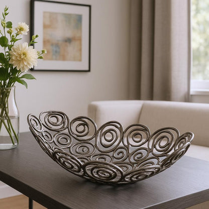 20" Silver Aluminum Abstract Circles Oval Decorative Bowl HomeRoots