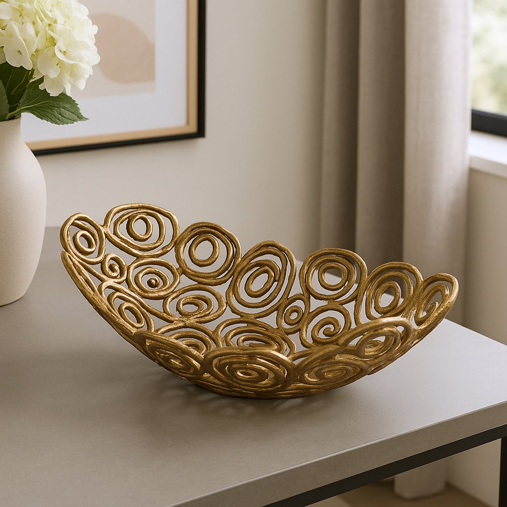 16" Gold Aluminum Abstract Circles Oval Decorative Bowl HomeRoots