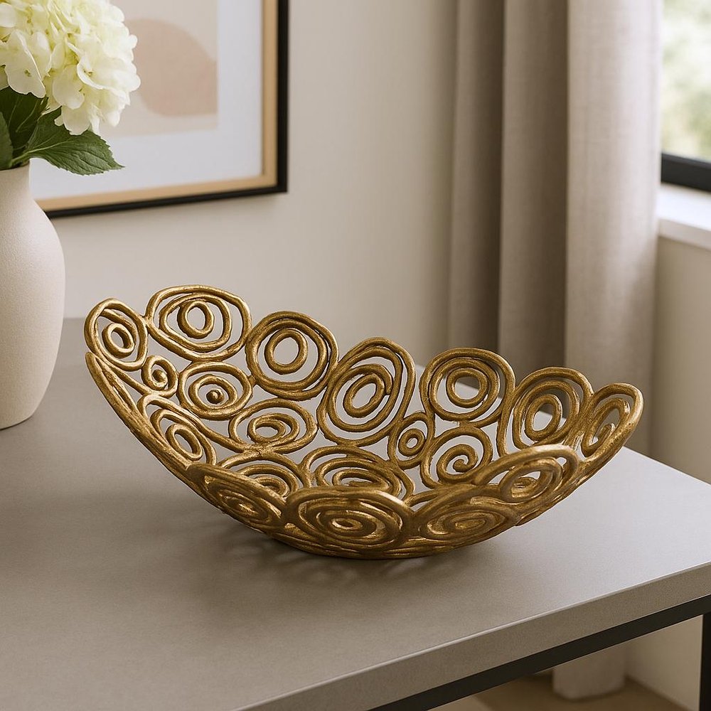 20" Gold Aluminum Abstract Circles Oval Decorative Bowl HomeRoots