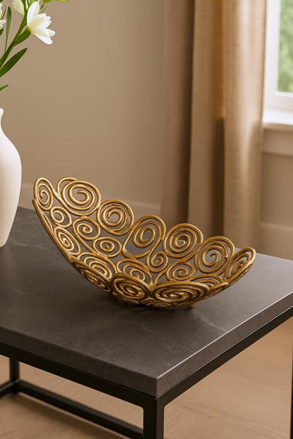 20" Gold Aluminum Abstract Circles Oval Decorative Bowl HomeRoots