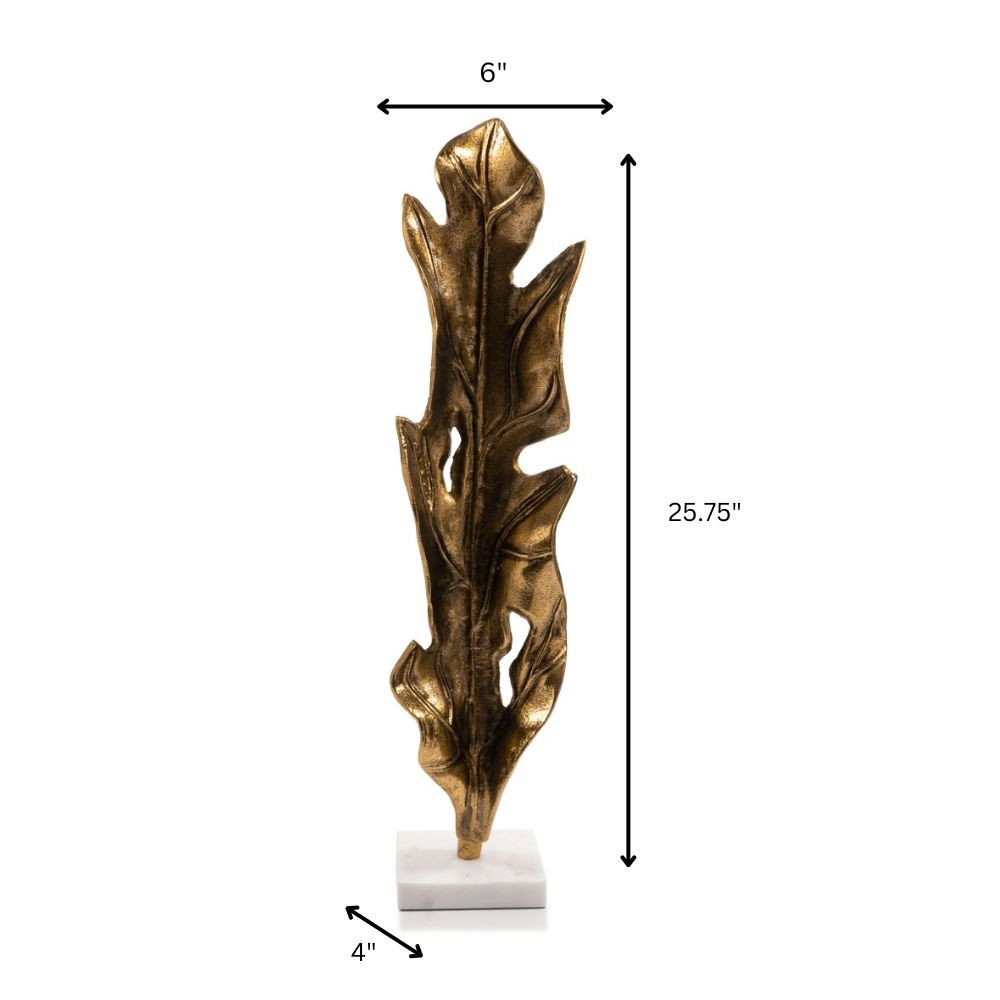 26" Antiqued Gold And White Aluminum And Marble Leaf Tabletop Sculpture HomeRoots