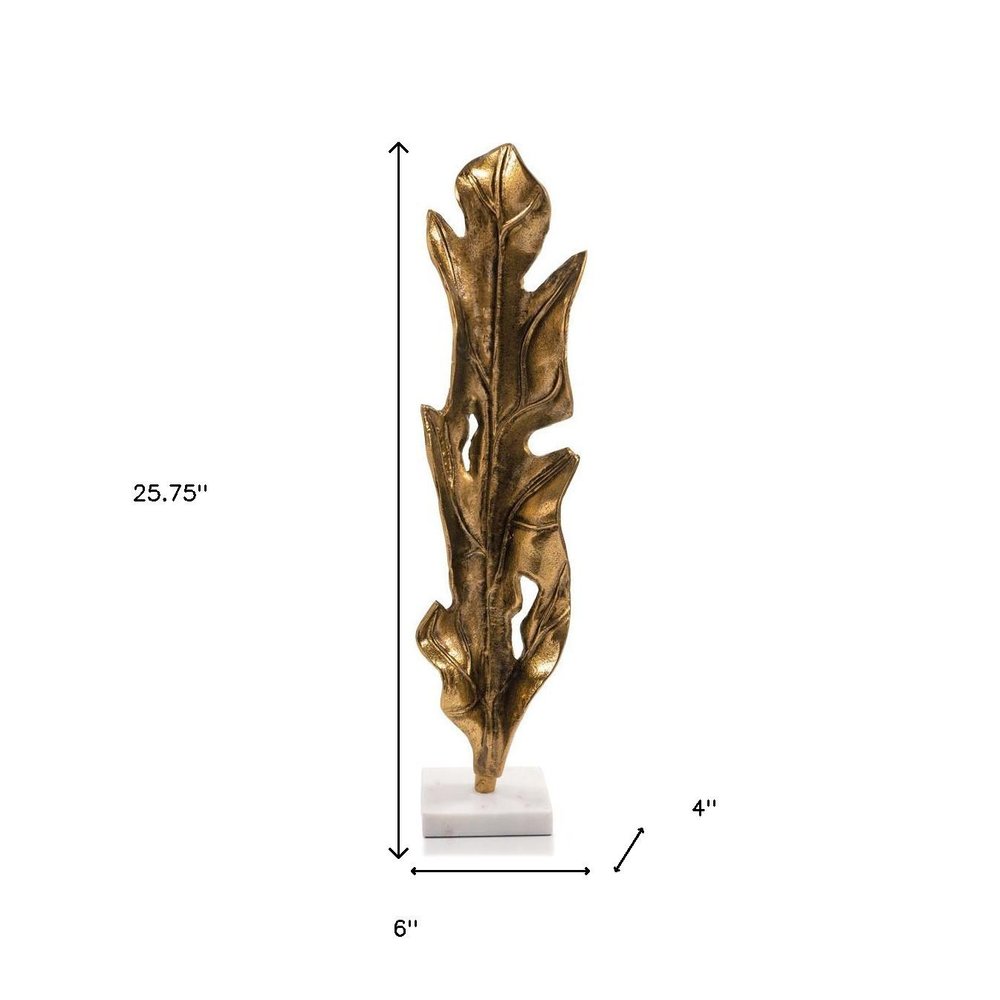 26" Antiqued Gold And White Aluminum And Marble Leaf Tabletop Sculpture HomeRoots