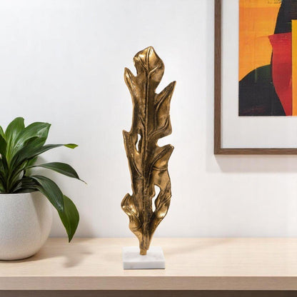 26" Antiqued Gold And White Aluminum And Marble Leaf Tabletop Sculpture HomeRoots